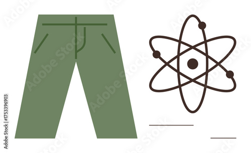 Green pants paired with an atomic structure abstractly linking daily apparel with science. Ideal for concepts thumbs up fashion, science, technology, innovation, education, lifestyle, crossover