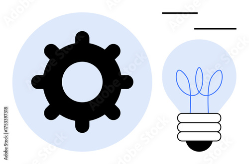 Black gear beside a light bulb with a plant sprout inside, symbolizing innovation, growth, and progress. Ideal for technology, creativity, growth, business, eco-design teamwork simple flat metaphor