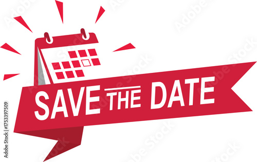 Red ribbon banner with calendar icon and save the date text event invitation