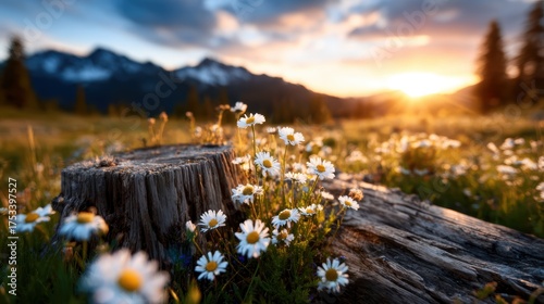 A charming composition featuring wildflowers growing on a tree stump under a breathtaking sunset, capturing the essence of nature's beauty and resilience in the wilderness.