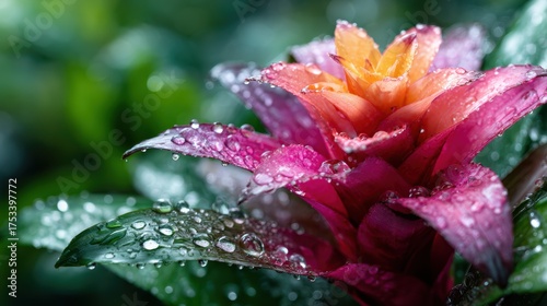 A close-up view of a vibrant flower showcasing droplets of water, symbolizing freshness and beauty, connecting nature with feelings of renewal and life.