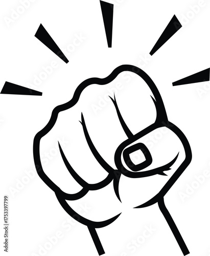 Black fist icon with radiating lines on white background hand power