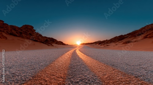A breathtaking desert landscape featuring a winding road illuminated by the warm glow of the setting sun against a clear blue sky, evoking feelings of adventure and tranquility.