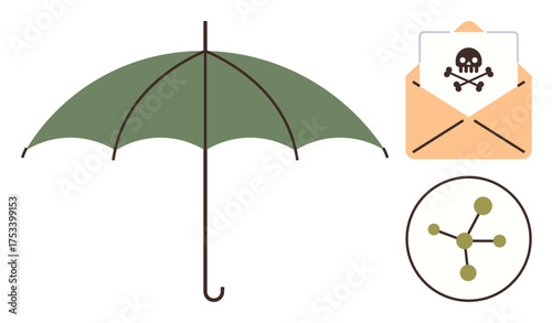 Green umbrella emphasizing protection, toxic envelope representing cyber threats, and network connection indicating risk prevention. Ideal for cybersecurity, protection, safety, trust, prevention