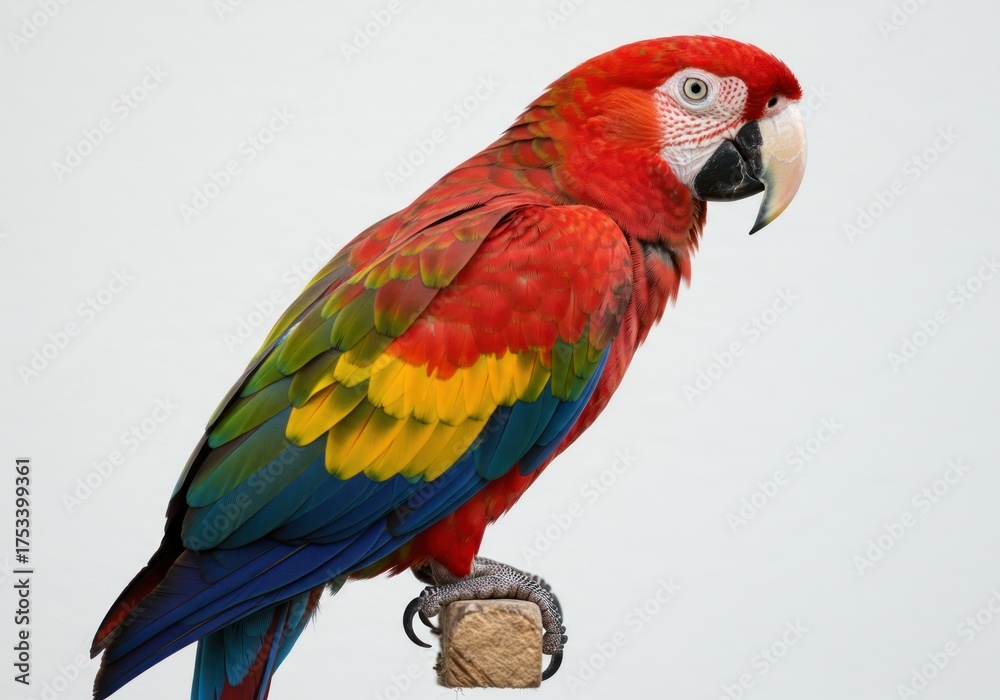 Fototapeta premium Colorful Parrot Perched on Wooden Block Isolated White Background