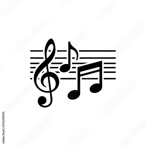 Music notes and a treble clef sit on a musical staff of five lines