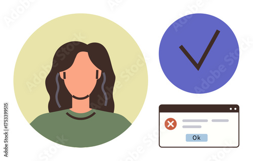 Female avatar within circle, large checkmark icon, pop-up error and confirmation message. Ideal for authentication, accounts, support, settings, user experience, approval simple flat metaphor