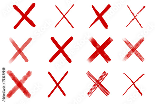 red cross mark.A red cross symbol drawn in various handwriting styles.