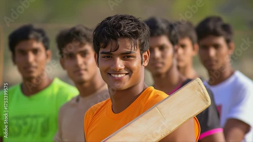 Smiling young man in an orange shirt holds a cricket bat while standing with teammates in sports field