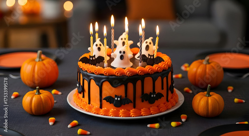 Spooky halloween birthday cake with ghost candles and bat decorations surrounded by pumpkins and candy corn creating a festive holiday celebration scene