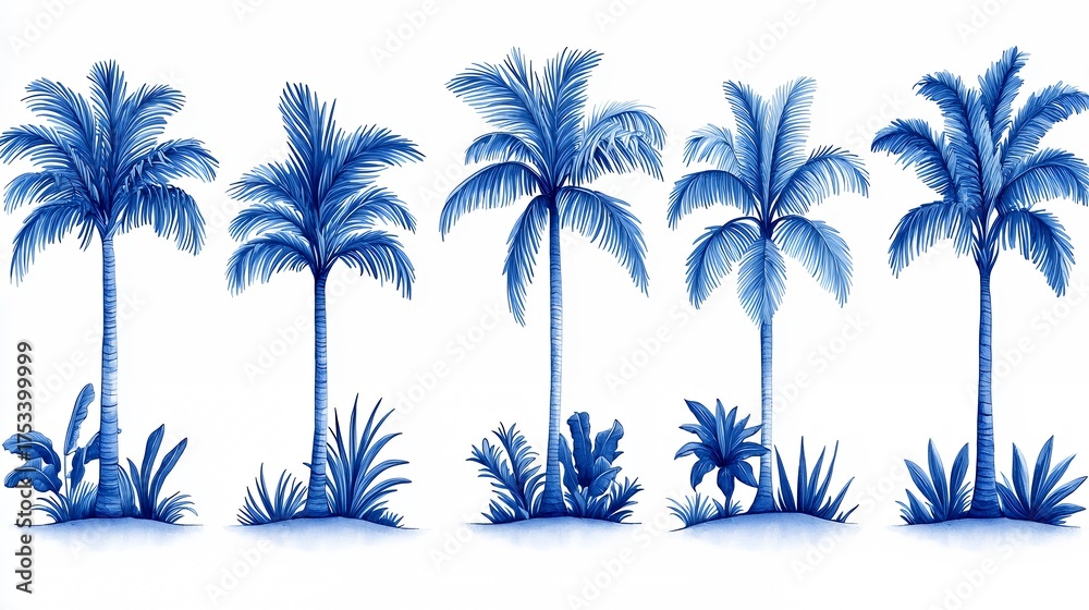 Obraz premium Blue Watercolor Palm Tree Collection on White Background