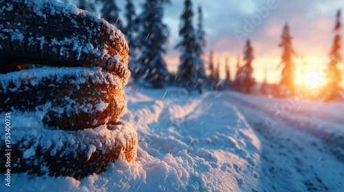 An atmospheric winter scene with snow-capped tires stacked by a frosty landscape, framed by tall trees and a sunset giving a serene and picturesque feel during winter.