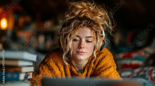 Teenage girl with headphones smiling while studying on her laptop, desk full of books, cozy home environment