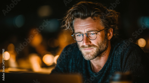 Man with glasses and stubble working remotely on a laptop at a desk filled with notebooks and coffee, cinematic warm tones