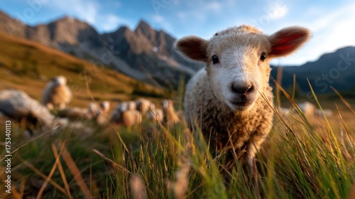 A charming close-up of a curious lamb grazing in a lush green meadow, with majestic mountains in the background, capturing the essence of nature's beauty and tranquility.