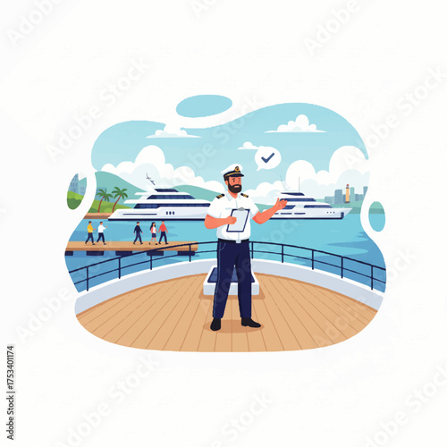 Cruise ship captain on deck with yachts and passengers in background.