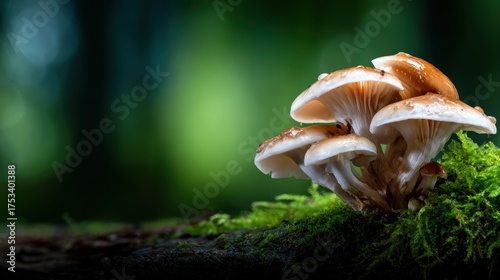 A captivating cluster of mushrooms thrives in vibrant green moss, creating a natural focal point, highlighting the beauty of fungi in a lush forest setting.