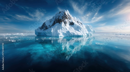A stunning iceberg rises majestically above the serene, crystal blue waters, reflecting its beauty in a tranquil Arctic landscape, invoking a sense of isolation and awe.