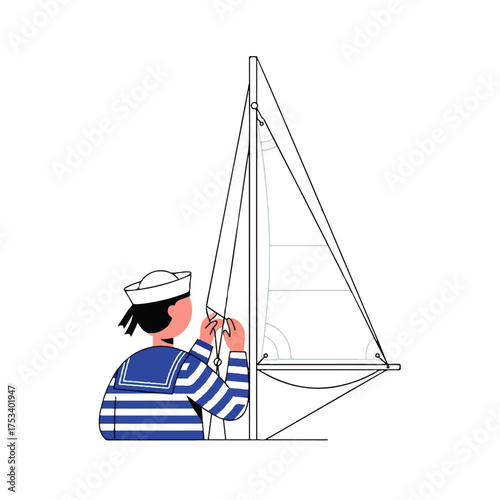 Illustration of a sailor adjusting the rigging on a sailboat.