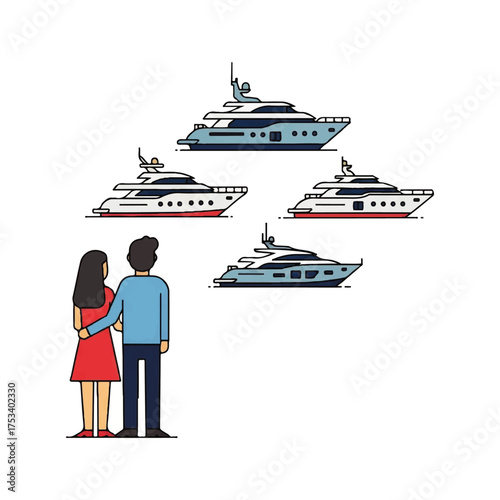 Couple admiring a fleet of luxury yachts, dreaming of a lavish lifestyle.