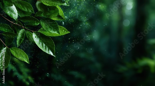 Lush green leaves adorned with sparkling raindrops create a refreshing atmosphere, representing nature's beauty and the tranquility of a healthy, vibrant forest environment.