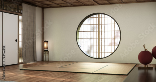 Circle window wall design, white empty  room japanese deisgn, tatami mat floor. 3D rendering