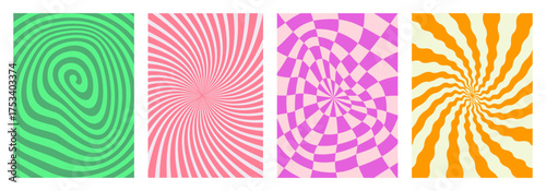 Groovy swirl stripes patterns, groovy psychedelic Y2K optical illusion backgrounds, fun spiral wave abstract checkered pattern