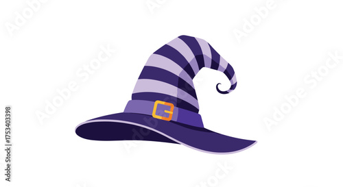 A purple witch hat with a curved brim and a dark purple buckle on the band.