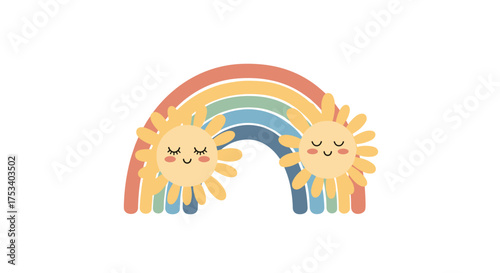 Two happy cartoon suns under a colorful rainbow with closed eyes and smiling faces.