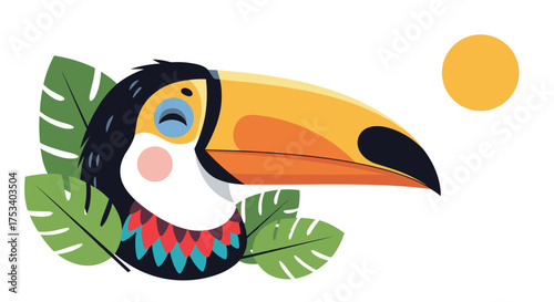A vibrant toucan rests peacefully under the warm tropical sun surrounded by lush green foliage.