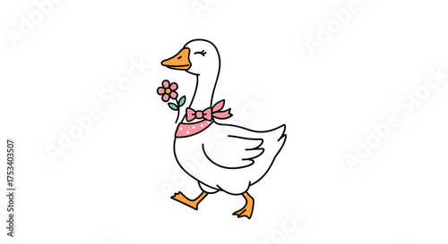A charming animated goose walks gracefully holding a small bouquet of pink flowers and wearing a pink bow.