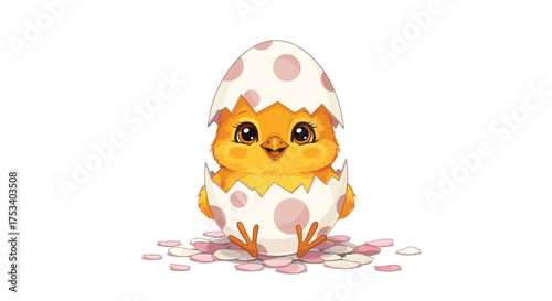 A fluffy yellow baby chick hatching from its speckled egg surrounded by fallen petals.