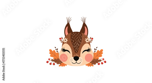 Cute squirrel wearing a flower crown surrounded by autumn leaves.