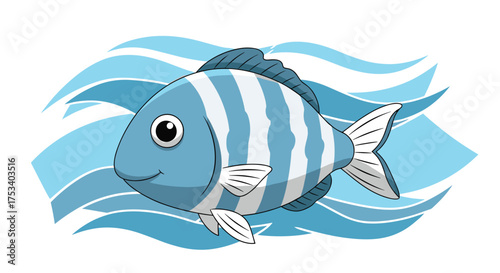 A cute blue and white striped fish swims through gentle blue ocean waves.