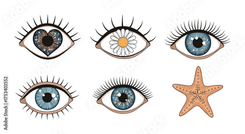 Set of six illustrative mystical eyes and one starfish.
