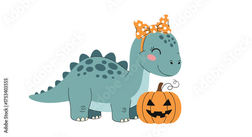 A cute teal dinosaur with an orange bow and pumpkin for Halloween.