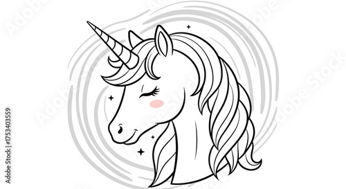 A whimsical illustration of a unicorn's head with closed eyes and a flowing mane.