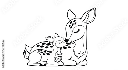 A mother deer nuzzles her fawn in a tender moment of woodland affection.