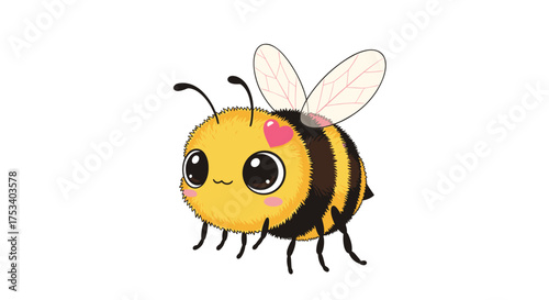 An adorable fuzzy bumblebee with large curious eyes and tiny wings hovers gracefully in mid-air.