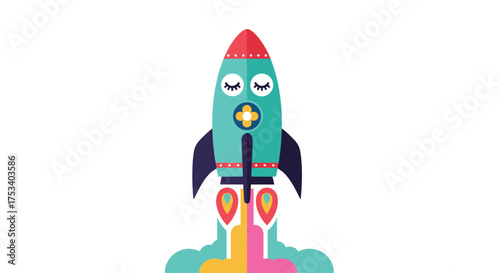 A cute cartoon rocket launching into the sky with colorful smoke trails.