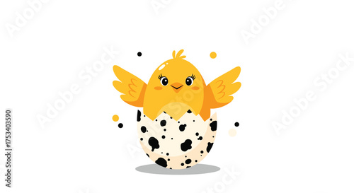 A cute little yellow chick hatches from a speckled egg celebrating spring.