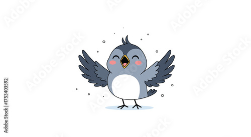 A joyful little bird with its wings spread wide singing its heart out.