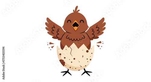 A fluffy brown chick joyfully emerging from its cracked eggshell and spreading its wings.