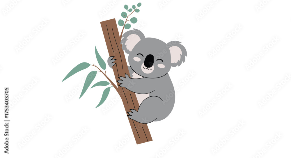 Fototapeta premium A cute grey koala clings to a eucalyptus tree branch with green leaves in this simple illustration.