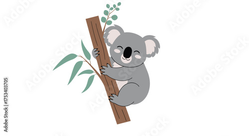 A cute grey koala clings to a eucalyptus tree branch with green leaves in this simple illustration.