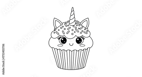 Cute unicorn cupcake drawing with sprinkles and frosting.