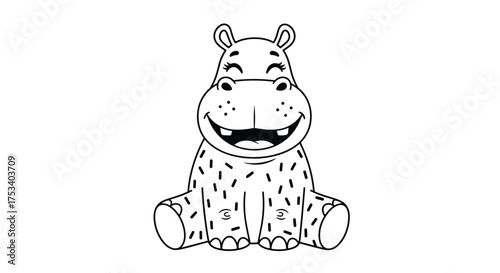 A cute and simple cartoon drawing of a smiling baby hippopotamus sitting down and looking forward.