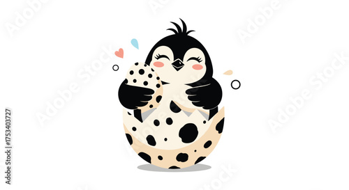 A cute baby penguin hatching from a speckled egg with hearts and bubbles.