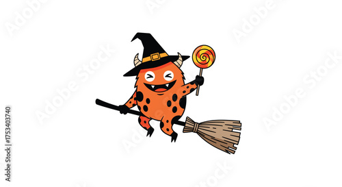 A cute orange monster dressed as a witch rides a broomstick holding a lollipop.