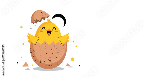 A happy little chick emerging from a cracked egg with open wings celebrating new beginnings.